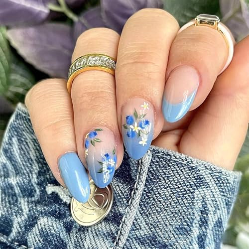 GlamRays 24 Pieces Blue Flower Press-on Nails Almond Medium Size False Nail French Tip Adhesive Nail Blue Gradient Acrylic Nail Full Coverage Spring Summer