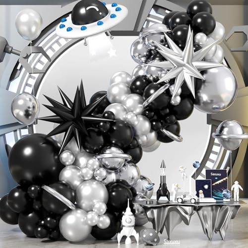 Kit de arco de globos negro y plateado, globos metálicos de perlas negras y plateadas con globos de estrella de aluminio negro y plateado para niños, decoraciones de fiesta de cumpleaños, baby shower