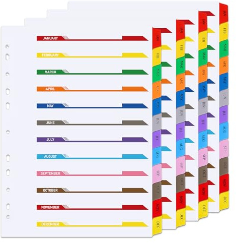 File Dividers A4, 4 Pack January-December Folder Dividers Coloured Multi Hole Punched A4 Dividers Tabbed Index Divider for Lever Arch Files Ring Binders Office School Index Dividers