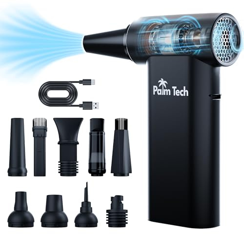 Palm Tech Soplador de Aire Potente 120,000 RPM Sin Escobillas, Aire Comprimido Limpieza PC, 3 Velocidades, Batería 8000mAh, Carga Rápida USB-C, Portátil con 9 Boquillas y Accesorios, Para Hogar y Auto