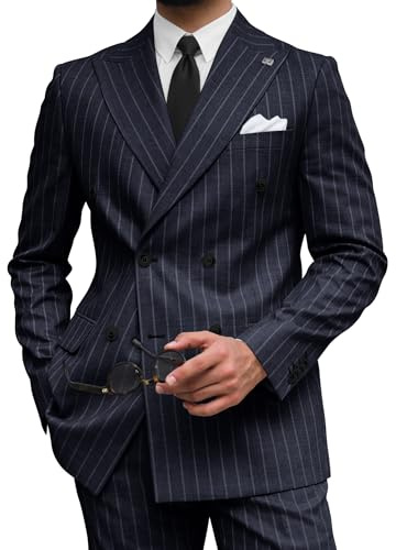 Wangyue 2 Piece Navy Blue Pinstripe Suit for Men Double Breasted Pinstripe Suits Blazer Pants Suit Set for Business Formal Navy Blue Stripe Suits Big and Tall 3XL