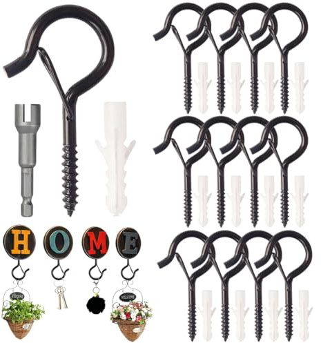 YUVKIN 12 piezas ganchos tornillo con seguro, acero inoxidable, pared, techo, alcayatas roscadas, colgar, macetas, cestas de plantas, luces decorativas, cuadros y navideña (Negro)