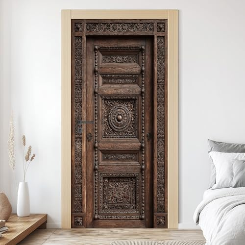 Holztür 3D Türaufkleber, Antike Geschnitzte Holz Türtapete Selbstklebend Abnehmbare Fototapete, Vintage Europäischen PVC Wasserfest Wandtattoo Türfolie für Heimdekoration, 95x210 cm W6s51
