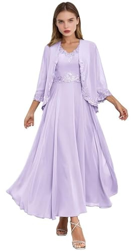 2 piezas de vestidos para madre de la novia con chaqueta de gasa de manga 3/4, vestido de noche formal de encaje para invitados de boda, Lila, 36
