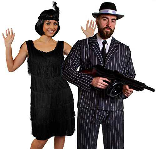 Déguisement accessoires pour couple de gangster adulte une robe noire Charleston XL, un bandeau, un collier de fausses perles + un costume XXL, une mitrailleuse Thompson gonflable, un chapeau