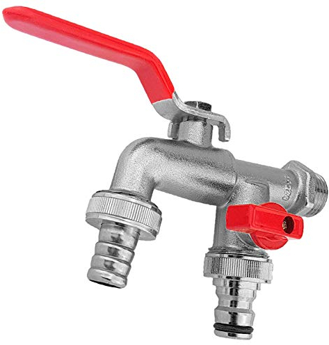 Doppel Auslauf Wasser Hahn Ventil aus Messing Anschluss 1/2 Zoll Außengewinde Halbzoll AG + Schlauchtülle Außendurchmesser 14mm + Stecker passend für Gardena