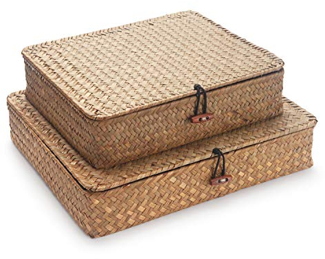 Seagrass Storage Box with Lids Rectangular Organization Wicker Shelf Baskets Natural Woven Stackable Set of 2 (Large+Small)