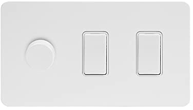 Soho Lighting White Metal Flat Plate 3 Gang Light Switch with 1 dimmer (2x 2 Way Switch & Trailing Dimmer) Screwless