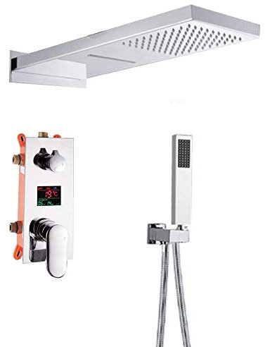 BOLIXIN ShowerRain Waterfall Shower Faucet Set Bathtub LCD Digital Display Shower Mixer Tap with Handshower Bath Shower System Kit,Full Set