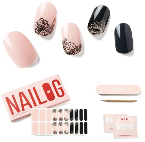 NAILOG Halvhärdade gel nagelremsor, extra långa nagellacksremsor (20 delar), långvariga halvhärdade nagelklistermärken med mjuk glansig gelfinish, blomster