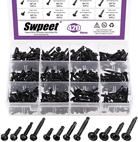 Swpeet 420Pcs Black 3 Types Head 410 Stainless Steel #8 Pan Head & Hex Washer Head & Wafer Head Self Drilling Screws Assortment Kit, Self Drilling Sheet Metal Screws Head Self Tapping Screws