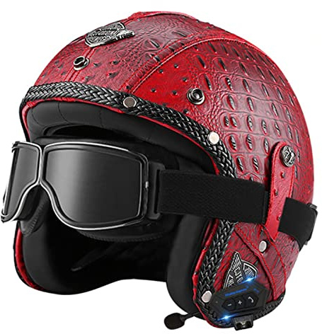 Bluetooth Jethelm mit Visier Retro Pilotenhelm Qualität nach ECE-Norm Roller-Helm für Frauen und Herren im Vintage-Look, Motorrad-Helm mit Schutzbrille