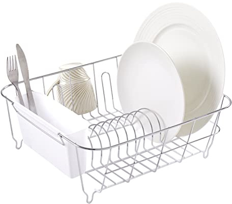 Sweet Home Collection Metal 2 Piece Dish Drying Rack Set Drainer with Utensil Holder Simple Easy to Use Fits in Most Sinks, 14.5 x 13 x 5.25, White