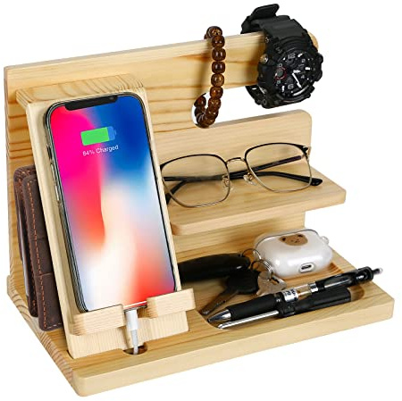Station d'accueil pour téléphone en bois, portemonnaie portemonnaie porteclés et montres, organisateur de table de chevet, cadeau de Noël pour homme, mari, femme, anniversaire, père, gadgets