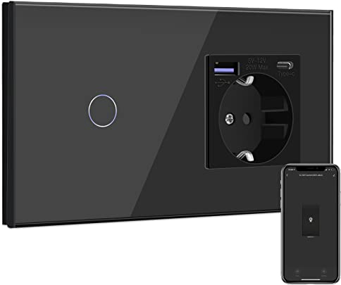 BSEED Smart Alexa Lichtschalter mit Steckdose Schuko Unterputz Steckdose mit USB C 20W Schnellladegerät USB Type C 1 Fach 1 Weg Wandsteckdose mit Glas Panel Geeignet für Phone,Pad,MP3 und mehr Schwarz