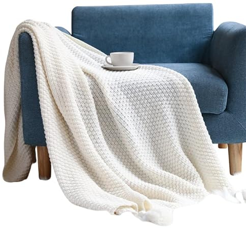 MRBRON Decke mit Bommeln Kuscheldecke Boho Tagesdecke Strickdecke Sofadecke mit Quasten Wohnzimmerdecke Couchdecke für Zuhause,Büro,Reisen, Zelten (Beige,150x240CM)
