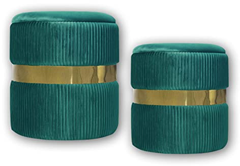 AllE quip 2er-Set Hocker mit Stauraum Samt Sitzhocker Rund Schminktisch Hocker Aufbewahrungshocker für Wohnzimmer, Schlafzimmer, Kinderzimmer, Badezimmer – 2 Größen (Green)
