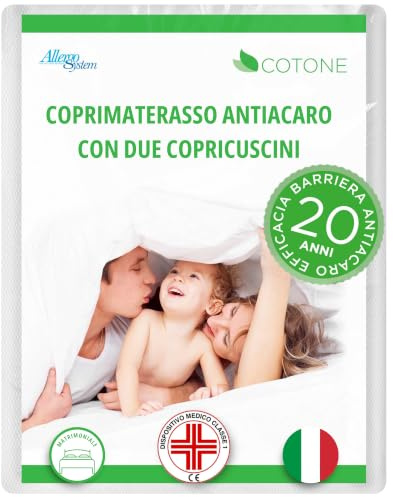 Allergosystem Set Coprimaterasso Antiacaro Matrimoniale Cotone con Cerniera 170x200cm e 2 Federe Cuscino Letto 50x80cm - Dispositivo Medico Antiacaro e Anallergico MADE IN ITALY - Linea Cotone | 2 Federe Cuscino 50x80cm, Dispositivo Medico, Anallergico, Made in Italy, Copri Materasso con Cerniera