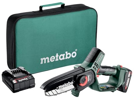 Metabo batteridriven grensåg (träsåg med batteri/laddare, liten kedjesåg 15 cm, i verktygsväska, trädgårdssåg) – 600856500