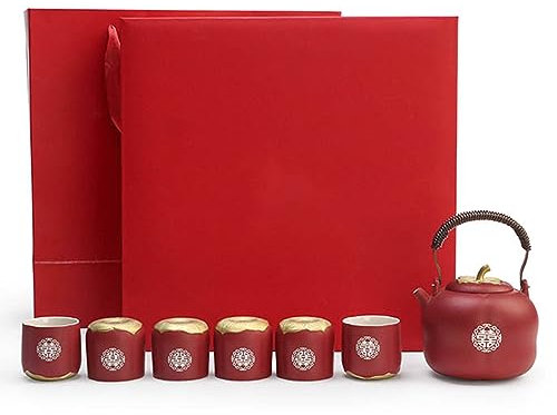 Service à thé de mariage japonais Kungfu en porcelaine, théière traditionnelle en céramique double bonheur, rouge, décoration de mariage (1 théière + 6 tasses à thé + boîte cadeau)