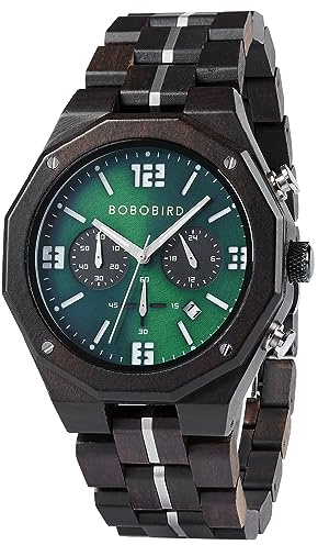 BOBO BIRD Men's Wooden Watch Sport Fashion Wristwatch Casual Chronograph Quartz Watches Men's Wood Stainless Steel Strap Watch with Date Display (Green)