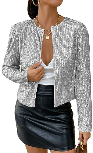 shownicer Damen Glänzend Pailletten Blazer Jacke Langarm Cardigan Tops Kurz Oberteile Eleganter Blazer Glitzer Clubwear Outfits Party Tops