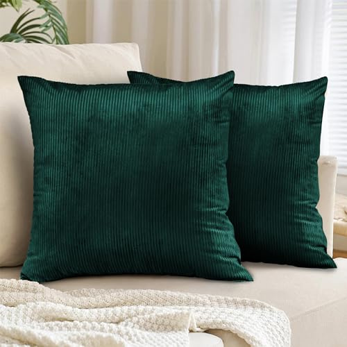 Yorkshire Bedding Pack of 2 Emerald Corduroy Cushion Covers 45 x 45cm Soft Decorative Square Throw Pillow Covers Boho for Living Room Bedroom Sofa Bed with Invisible Zipper 18x18 Inch