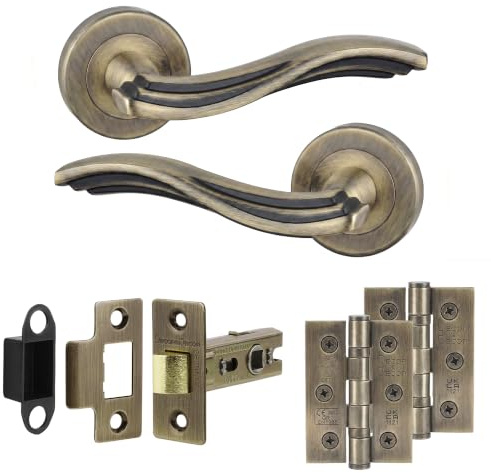 Decoranddecor Solace Antique Brass Aluminium Lever Handles – Vintage Style Internal Door Set for Wooden Interiors with Mortice Latch and Matching Hinges, Classic Design