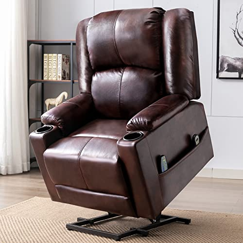 COMHOMA Sillón Reclinable Eléctrico Función de Elevación, Masaje y Diseño Ergonómico – Silla para Personas Mayores de Cuero PU con Respaldo y Reposapiés Ajustables, Marrón