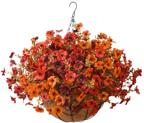 ZFProcess Artificial Fake Fall Hanging Plants Flowers Basket, Faux Silk Daisy in Planter Realistic UV Resistant for Outside Home Patio Balcony Yard Autumn Outdoor Decoration (Orange Brown Red) | Faux Silk Daisy, Front Door Porch Planter, Patio Yard Garden Balcony, Realistic, No Fade, Autumn Decor, Orange Brown Red
