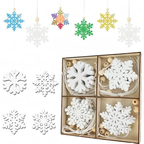 MHwan Christbaumschmuck Holz, 24 Stück Weiß Weihnachtsbaumschmuck Holz aus Naturholz, Robustes Langlebiges DIY Holzanhänger Weihnachten, Umkehrbare Färbung Zur Herstellung Einzigartiger Schneeflocken