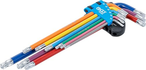 BGS 74468 | Winkelschlüssel-Satz extra lang | T-Profil (für Torx) | T10-T50 | 9-tlg. | Kugelkopf am langen Ende | bis 30° schwenkbar | farblich codiert | Kunststoff-Klapphalter