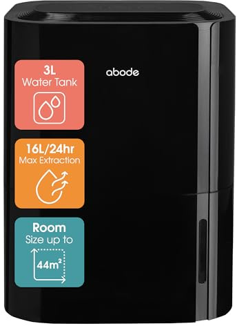 Abode Dehumidifier 16 Litre/Day with Digital Display for Damp, Mould & Moisture in Home, Kitchen, Bedroom, Office, Caravan, Laundry Drying, 44m2 Room Coverage, Smart Timer, Black ADH1601B