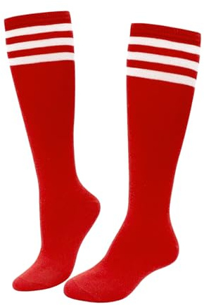 ASFWAGQ Calcetines clásicos para mujer, disfraz de animadora, calcetines hasta la rodilla, calcetines tubulares, calcetines deportivos con tres rayas, talla única, rojo / blanco, Talla única