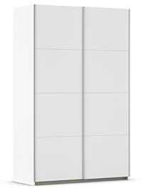 Rauch Möbel Oxford, Schiebetürenschrank, Schrank, Garderobe, 2-türig, Zubehör Premium, 4 Einlegeböden, 1 Schubkasteneinsatz, Türdämpfer, Farbe Weiß, Griffleisten Alufarben, 131x210x59cm