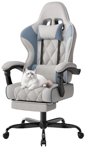 Devoko Sedia da Gaming in tessuto, Sedie Ufficio Ergonomica, Sedia Massaggiante con braccioli, Poltrona con cuscini imbottiti a molle, con ruote, braccioli, Regolabile in altezza, Grigio chiaro & Blu