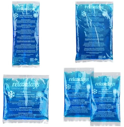 Relaxdays Ghiaccio Gel Termico, Set 5 Sacchetti Multiuso, 4 Misure, Terapia Caldo Freddo, Cuscinetti Refrigeranti, Blu, Plastica