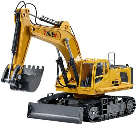 LioMaxi 1:12 Scala 15 Canali Grande Escavatore Telecomandato per Bambini,Escavatori Radiocomandato,con luci,Suono di funzionamento, Pala Metallica, demo a un tocco,Spruzzo simulato, 680° di Rotazione