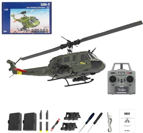 C032 Huey Ferngesteuerter Hubschrauber, 1/48 Scale Flybarless RC Helicopter für Erwachsene, mit Optical Flow Positioning mit Höhenhaltung & Optical Flow Geschenk für militärische Enthusiasten(Green)