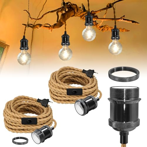 Rustikal Hanfseil Pendelleuchte Kit mit 5.1M Kabel, 2 Stück Vintage Messing Hängelampe mit Stecker, Industrial Hängeleuchte mit Schalter,Perlenschwarz Fassung E27, für Küche,Max.60W, Ohne GlüHbirne