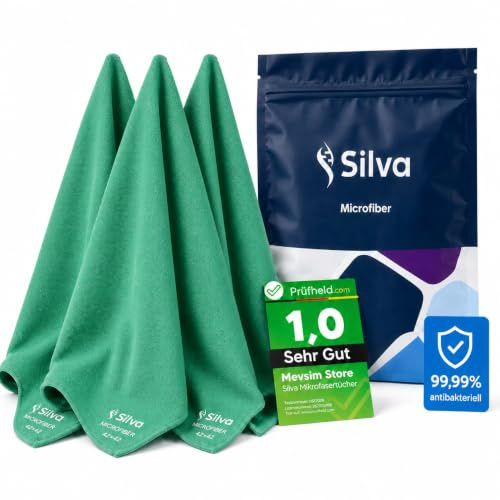 Silva [Test SEHR GUT, Note 1.0 Mikrofasertücher 42x42 cm extra groß 3er Set Grün | Mikrofaser Handtuch für Glas, Spiegel, Küche, Bad & Auto – streifenfreie Microfaser Putztücher
