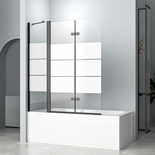 Duschwand für Badewanne 140 x 140 cm mit Festglas 3 teilige Gestreift Duschwand Badewannenaufsatz Faltbar Badewannen Duschabtrennung, 6 mm ESG Sicherheitsglas Schwarz