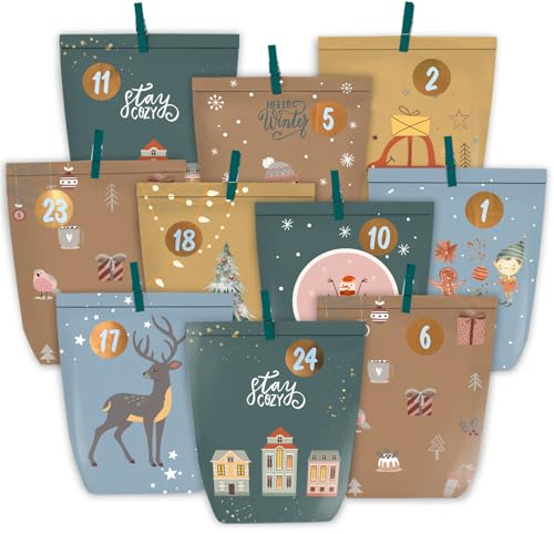 KOHMUI Adventskalender zum Befüllen, 24 DIY Advents Tüten zum Selber Basteln, Geschenk Papiertüten zum selbst füllen, Weihnachtskalender Selbstbefüllen mit Zahlen Aufkleber