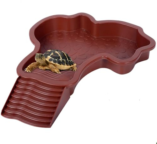MEISO Abreuvoir Tortue Terrestre, Plat d'eau Bassin pour Tortue de Piscine avec Rampe, Bol d'eau pour Reptiles avec Échelle, Mangeoire Tortues Terrestre, pour Tortues, LéZards Et Gecko (Red Brown)