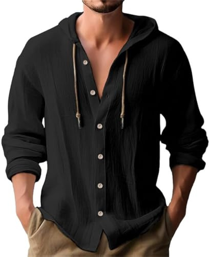 WINKEEY Camisas Hombre de Manga Larga con Botones Cordón Capucha Camisas Lino Hombre para Cómodas Elegantes Playa Vacaciones Ropa Hombre,Negro 2XL