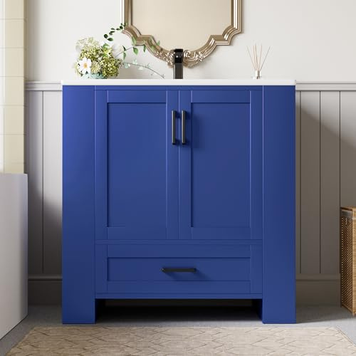 Armadietto da bagno, 76 x 46 x 78,5 cm, con laccatura completa, doppia porta, cassetti silenziosi, lavabo in ceramica integrato, blu