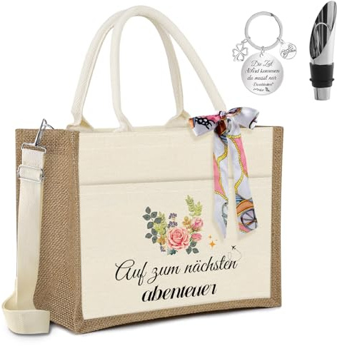 UYUYong Jutetasche mit Spruch Jute Einkaufstasche Jutetasche mit Reißverschluss Verstellbarem Schultergurt Metall Schlüsselanhänger Gravur Weinausgießer Seide Gefühl für Frauen Mütter Ehefrau Kollegin