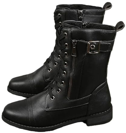 FQLGJMY Kvinnors plattform Lace-Up Combat runda stövlar stängd tå låg klack ankelstövlar korta stövlar med ficka mellanklack tjock sula punk motorcykel höst vinter stövlar