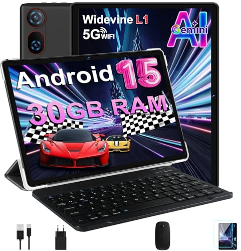 DMOAO Tablet 10 Zoll Android 15 mit Tastatur, Gemini AI, 30GB RAM + 64GB ROM (2TB Erweiterung), 5G WLAN, Widevine L1, Octa-Core, GPS, Face ID, FHD IPS, 6000mAh, USB, Schwarz