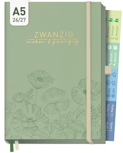 Häfft® Business-Timer Deluxe Kalender 2026 2027 A5 Green Poppy | 17 Monate Buchkalender mit Wochenplaner von August 2026 bis Dez. 2027, Wochenkalender mit Hardcover für Büro und Arbeit